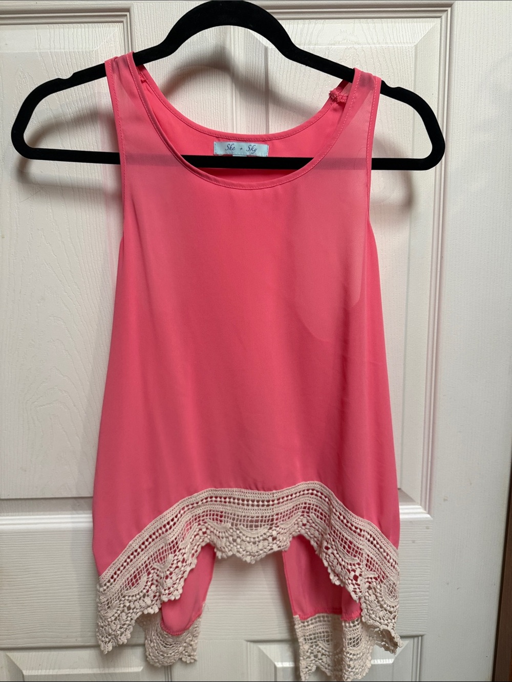 She + Sky Coral Pink Tank with Cream Crochet Hem